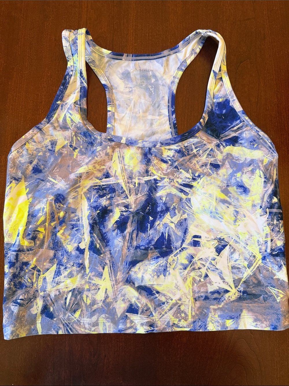 Calvin Klein Blue, Yellow & White Abstract Racerback Performance Wick Crop Tank